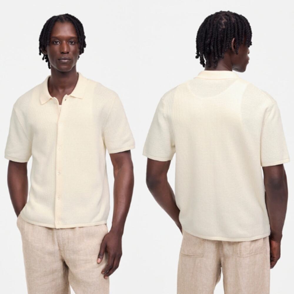 Madewell Men's Tuck-Stitch Button-Up Sweater Polo NV092 Vintage Ivory Size L NWT